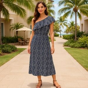 Allison Joy One Shoulder Ruffle Navy White Print Sundress Size M